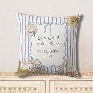 Coussin Maison de plage bleu chic côtier rayures bleues