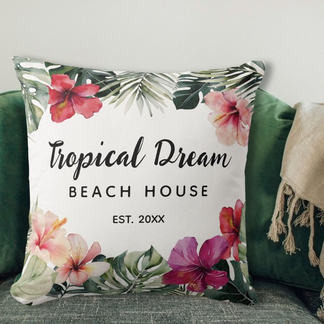 Coussin Maison de plage botanique florale tropicale aquare (In situ)