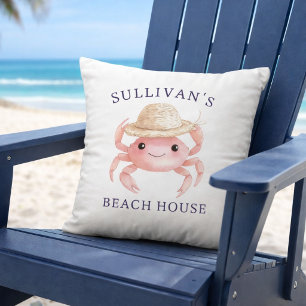 Coussin Maison de plage côtière Crabe rose aquarelle Été