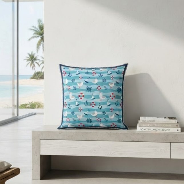 Coussin Maison de plage côtière découpée motif marin bleu  (Créateur téléchargé)