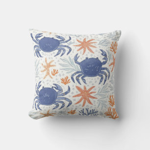Coussin Maison de plage crabe et étoile de mer bleu et ora