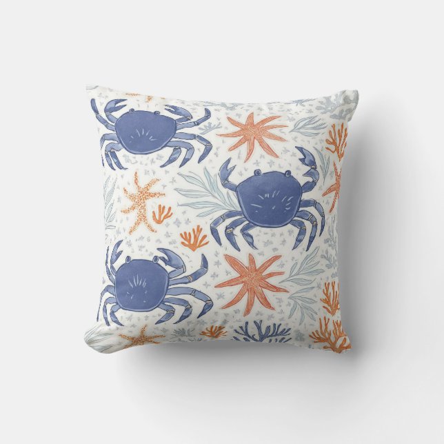 Coussin Maison de plage crabe et étoile de mer bleu et ora (Recto)