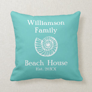 Coussin Maison de plage de famille personnalisée coquille