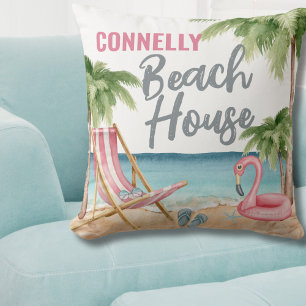 Coussin Maison de plage de l'aquarelle d'été côtière