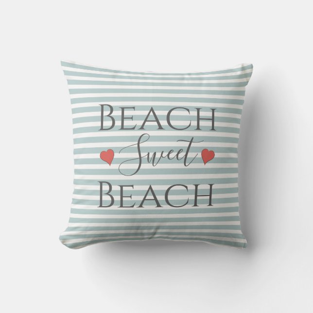 Coussin Maison de plage douce côtière Citation rayée aqua (Recto)