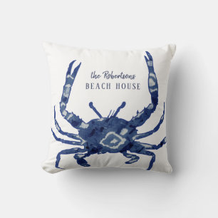 Coussin Maison de plage Nom de bienvenue Shibori Crabe ble
