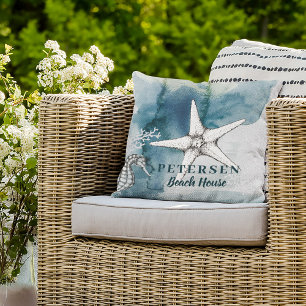 Coussin Maison de plage nom de famille étoile de mer blanc