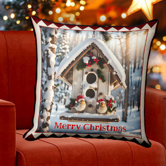 Coussin Maison d'oiseaux d'hiver Art animal de Noël
