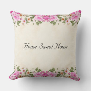 Coussin Maison Douce Maison & Belles Fleurs Roses 