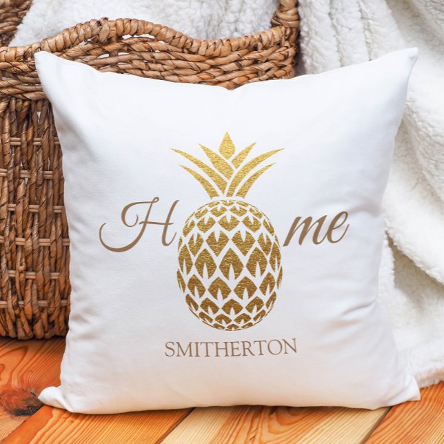 Coussin Maison élégante moderne or ananas blanc (Gold and white pineapple "Home" pillow)