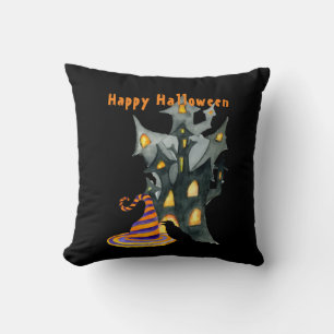 Coussin Maison et chapeau Halloween à l'aquarelle 