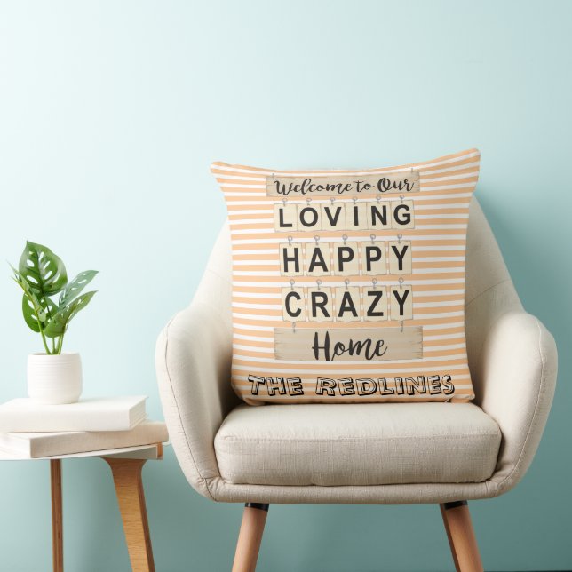 Coussin Maison Folle Heureuse Aimante Personnalisée Rayée (Chaise)