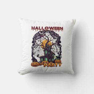 Coussin Maison Hantée Arbre Citrouilles Noir Fête d'Hallow