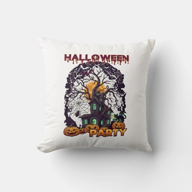 Coussin Maison Hantée Arbre Citrouilles Noir Fête d'Hallow (Recto)