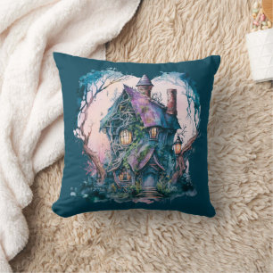 Coussin Maison hantée bleue et violette Halloween bleu