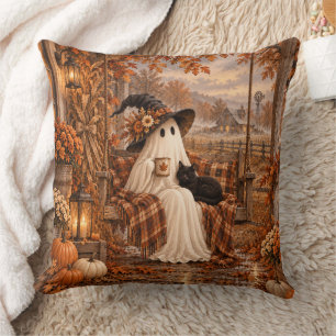 Coussin Maison hantée cosy Fantôme & Chat noir Porche d'au