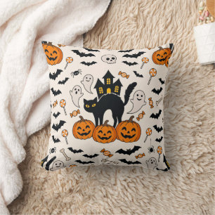 Coussin Maison hantée de chat noir et de citrouille pour H