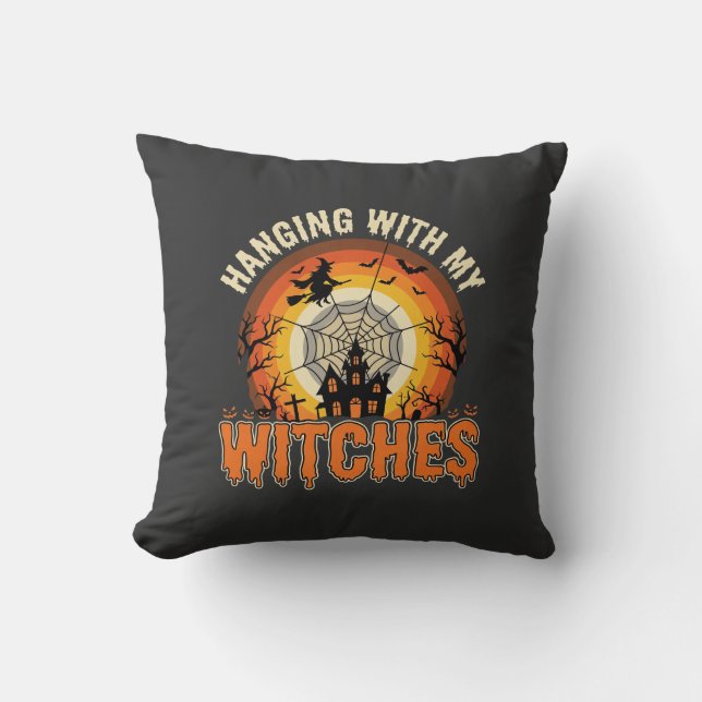 Coussin Maison Hantée d'Halloween avec mes Sorcières (Recto)