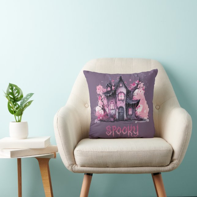 Coussin Maison Hantée Éffrayante rose et gris violet Hallo (Chaise)