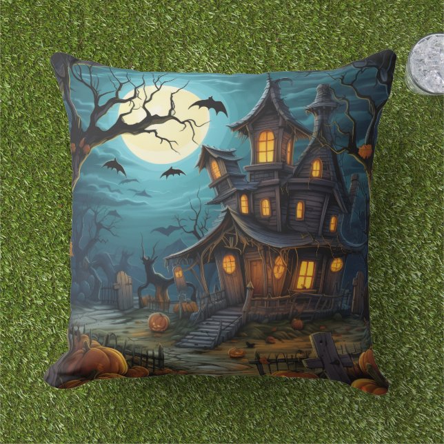 Coussin Maison hantée épouvantable décoration d'Halloween  (Herbe)