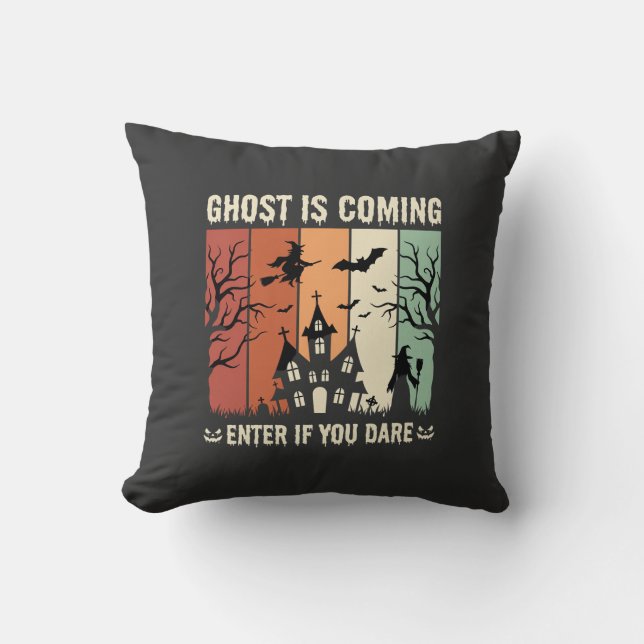 Coussin Maison Hantée Fantôme d'Halloween Arrive (Recto)