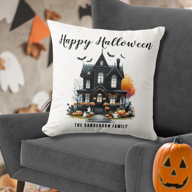 Coussin Maison Hantée Halloween (Haunted House Halloween Throw Pillow)