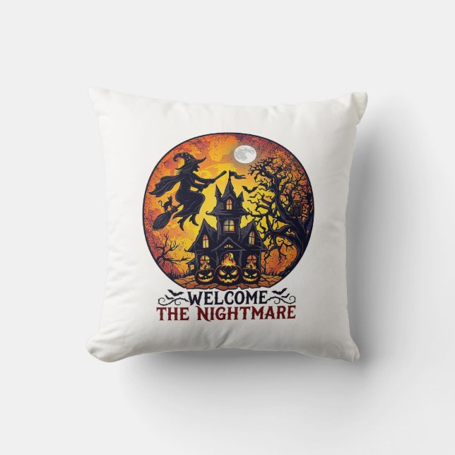 Coussin Maison Hantée Halloween Bienvenue Cauchemar Volant (Recto)
