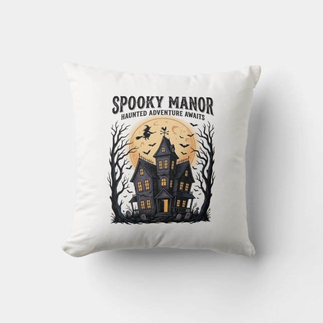 Coussin Maison Hantée Halloween Gravure Vintage Art Spooky (Recto)