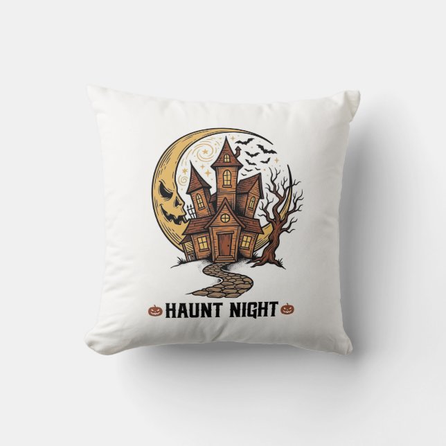 Coussin Maison Hantée Halloween Gravure Vintage Blanche S (Recto)