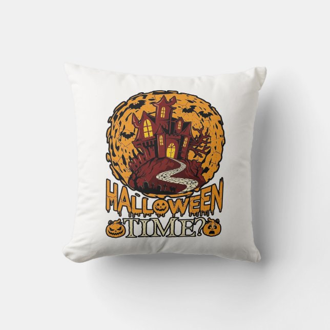 Coussin Maison Hantée Halloween Pleine Lune Citrouilles (Recto)