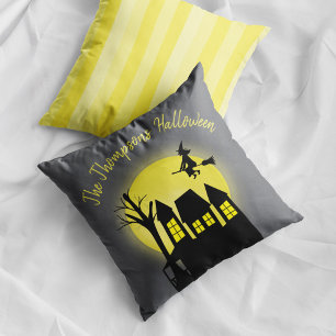 Coussin Maison Hantée Sorcière Lune Halloween Personnalisé