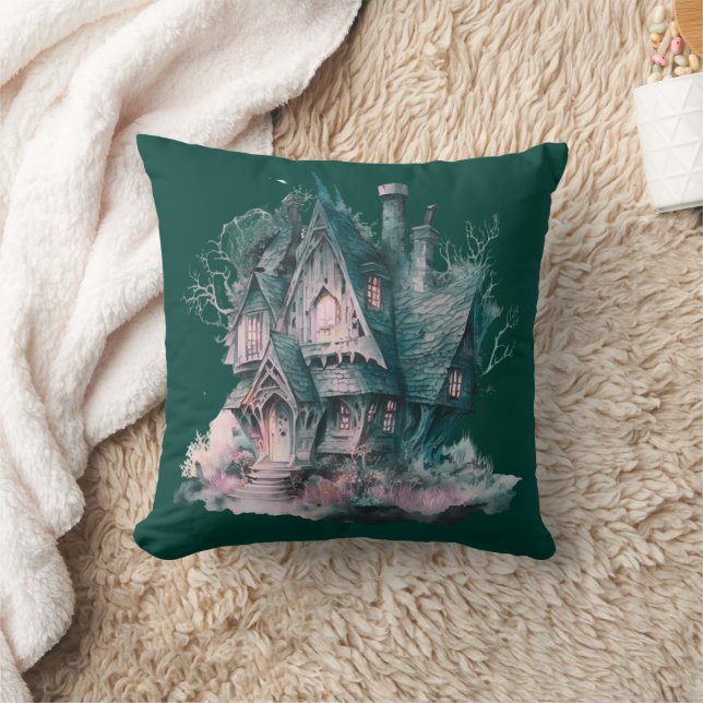 Coussin Maison hantée verte et rose Halloween vert (Couverture)