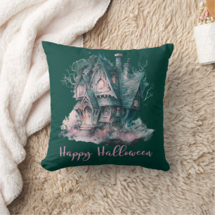 Coussin Maison hantée verte et rose Joyeux Halloween vert