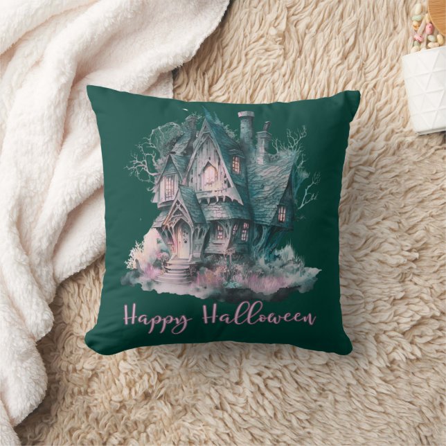 Coussin Maison hantée verte et rose Joyeux Halloween vert (Couverture)