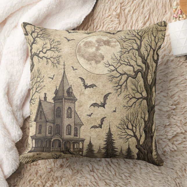 Coussin Maison hantée vintage & pleine lune (Couverture)