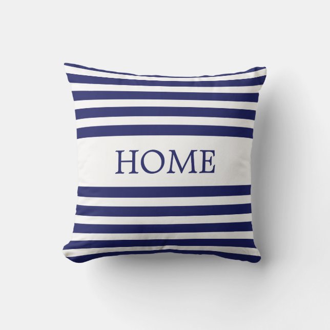 Coussin Maison Nautique sur Rayures Bleues et Blanches (Recto)