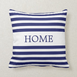 Coussin Maison Nautique sur Rayures Bleues et Blanches