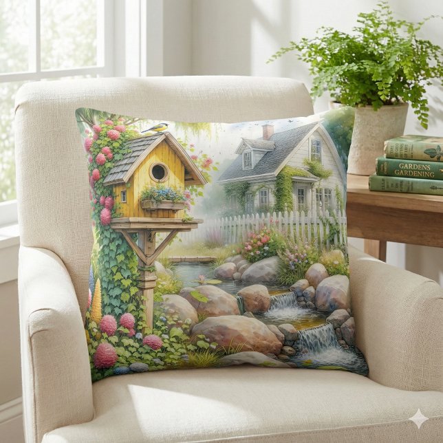 Coussin Maisonnette à oiseaux de jardin de campagne fantai (Whimsical Cottage Garden Birdhouse Stream Throw Pillow Mockup A)