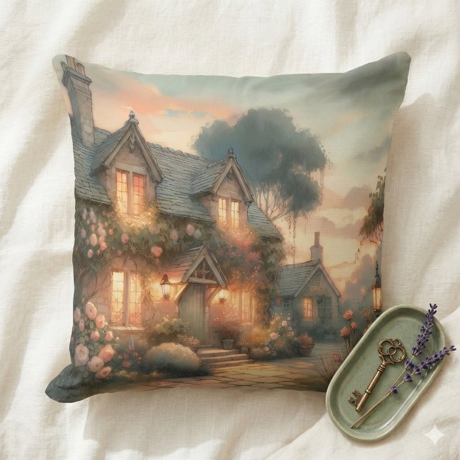 Coussin Maisonnette de conte de fées au coucher du soleil  (Fairytale Cottage at Sunset with Roses Throw Pillow Mockup A)