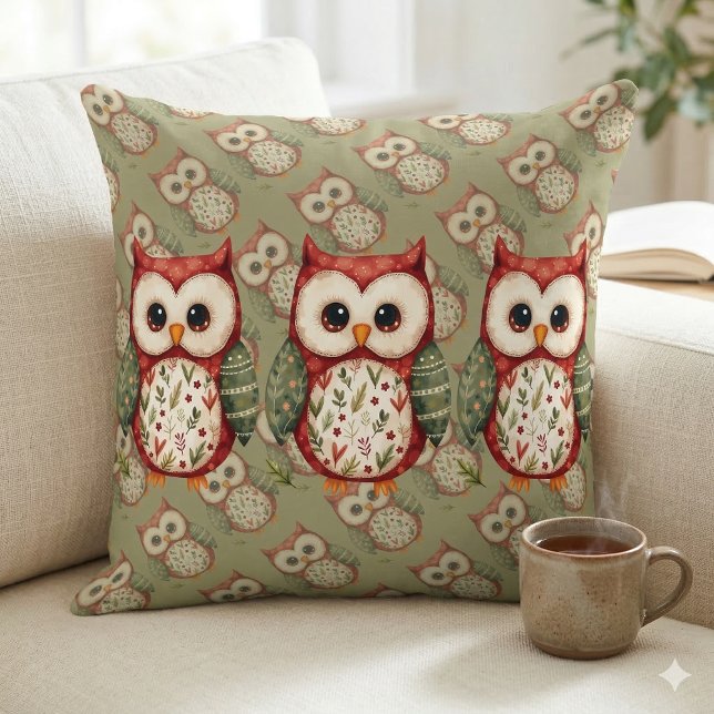 Coussin Maisonnette en patchwork d'art populaire chouette (Folk Art Patchwork Owl Cottagecore Trio Throw Pillow Mockup A)
