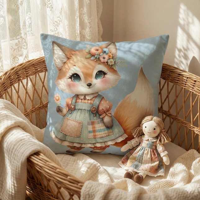 Coussin Maisonnette Fantaisiste Florale Pastel Renard Cott (Whimsical Cottagecore Floral Pastel Fox Throw Pillow Mockup A)