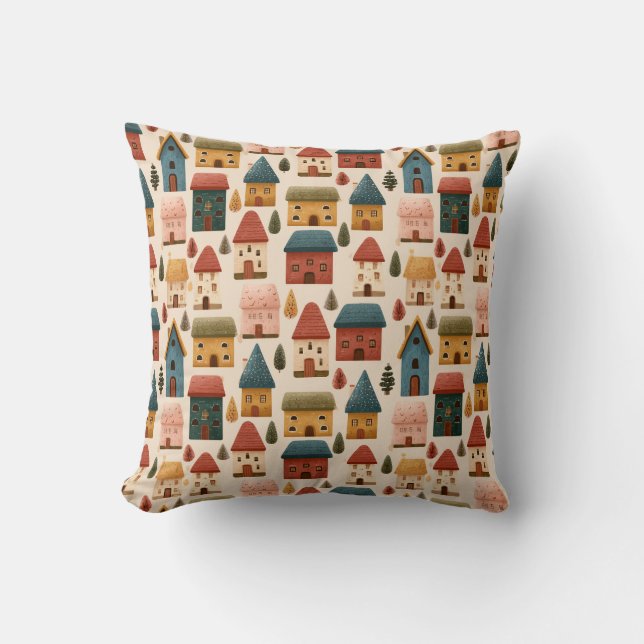 Coussin Maisons de Noël rustiques festives motif sans cout (Recto)