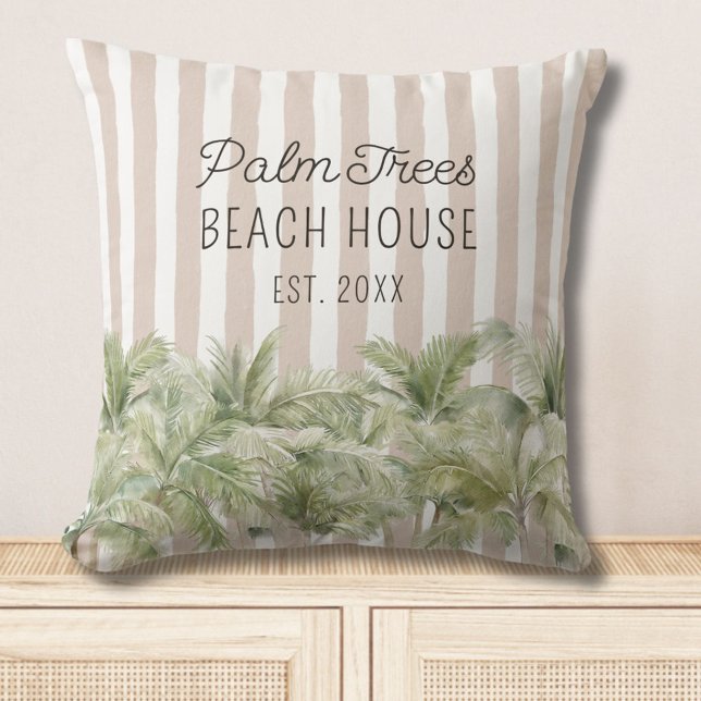 Coussin Maisons de Plage aux Palmiers Tropicaux Rayures Be (In situ)