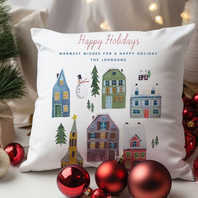 Coussin Maisons de village d'hiver mignonnes Noël Vacances (Cute Winter House Village Scene Christmas Throw Pillow)