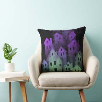 COUSSIN MAISONS HANTÉES D'HALLOWEEN VIOLET FONCÉ & VERT
