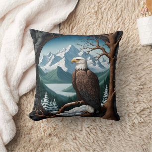 Coussin Majestic Bald Eagle Surplombant le lac de montagne