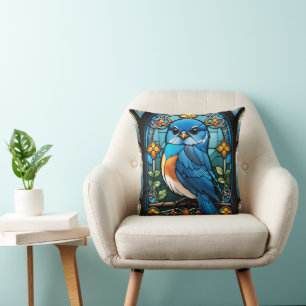 Coussin Majestic Bluebird perchée sur une fenêtre en verre