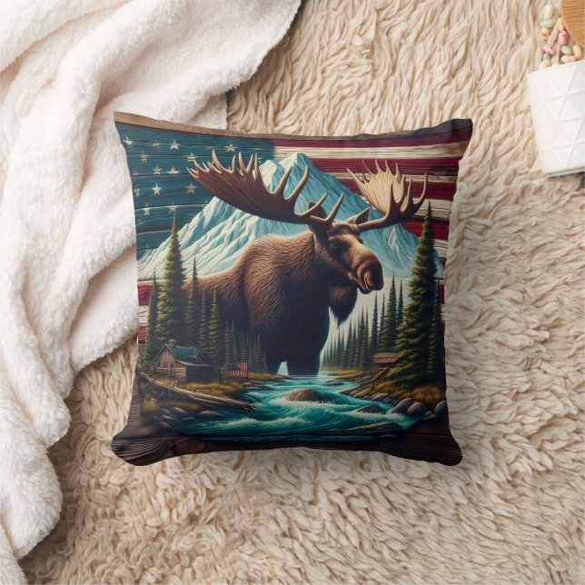 Coussin Majestic Moose Among Mountains et drapeaux américa (Couverture)