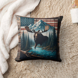 Coussin Majestic Moose contre l'Arrière - plan du drapeau 