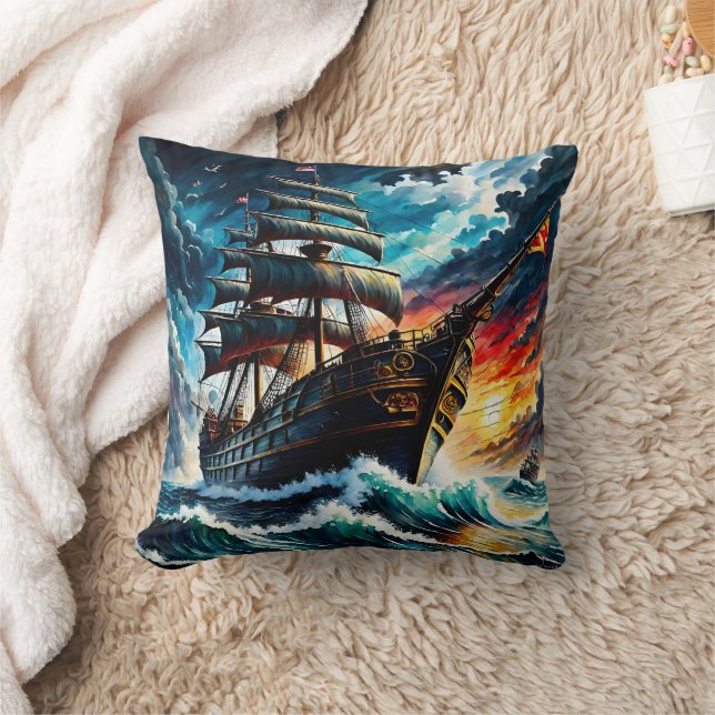 Coussin Majestic Pirate Navire naviguant au coucher du sol (Couverture)